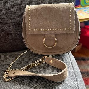 Suede taupe crossbody/shoulder leather bag